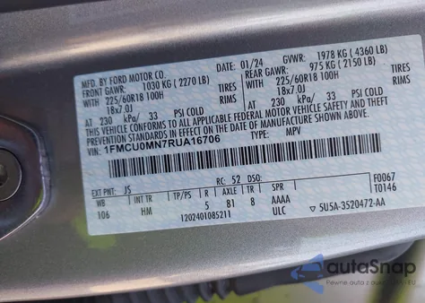 2024 Ford Escape St-Line z USA, uszkodzony, nr VIN 1FMCU0MN7RUA16706